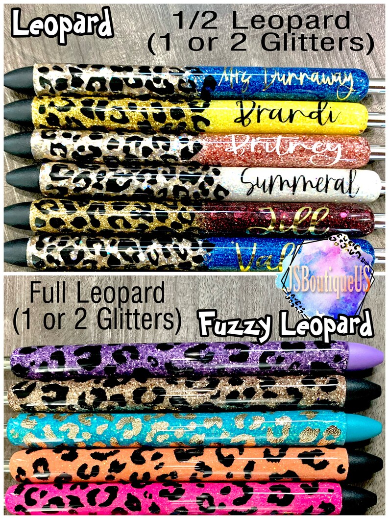 May include: A set of ten pens with leopard print designs. The pens are decorated with glitter and have different colored bases. The text "Leopard", "1/2 Leopard (1 or 2 Glitters)", "Full Leopard (1 or 2 Glitters)", and "Fuzzy Leopard" is visible on the image.