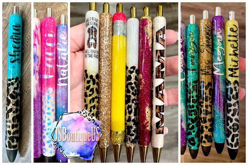 May include: A collection of ten glitter pens with various colors and designs. The pens have different names and phrases written on them, including "Shruthi", "Natalie", "She's Beauty She's Grace", "Cool Teacher", "Mrs. Shugart", "Megan", and "Michelle".