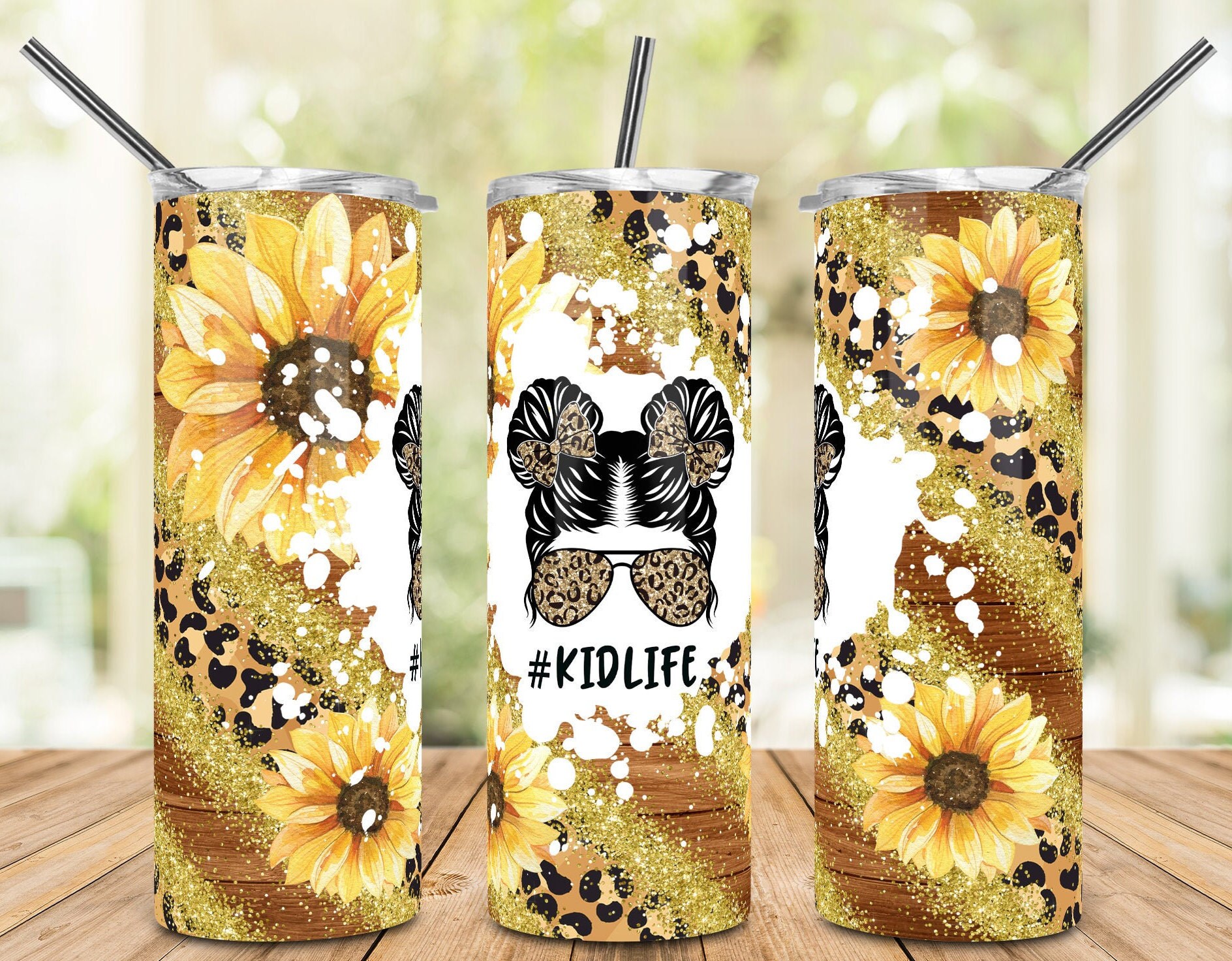 PNG Kid Life Leopard Glitter Sunflower Messy Bun Hair 20oz Skinny ...