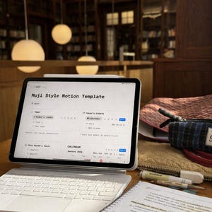 Könnte beinhalten: Ein Tablet mit weißer Tastatur zeigt ein "Muji Style Notion Template" auf dem Bildschirm. Der Bildschirm zeigt einen Kalender und eine Aufgabenliste. Ein Federmäppchen, Stifte und ein Notizbuch liegen auf der Holzoberfläche.