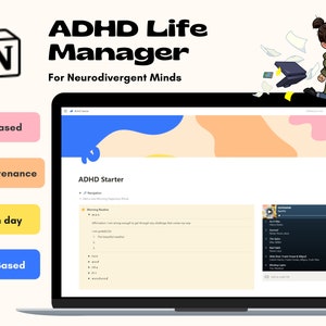 May include: A laptop computer screen displaying a website with the text "ADHD Life Manager" and "For Neurodivergent Minds". The website has a light blue, yellow, and pink background with a section titled "ADHD Starter" and a list of bullet points. The website also has a music player with the text "Spotify" and a list of songs. The laptop is on a white surface.