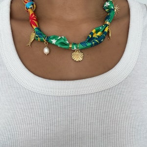 Bohemian Silk Scarf Necklace With Charms - Gold Coin, Flower, Pearl Daisy Choker For Women (Blue, Red, Green, Orange)
