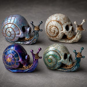 May include: Four decorative snail figurines featuring human skull shells. Each snail has a unique finish: iridescent blue-purple, speckled cream with gold accents, deep metallic purple, and mottled teal-green. All have gold-toned teeth and eye stalks.