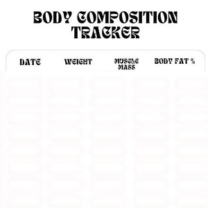 Puede incluir: Un rastreador de composición corporal imprimible con columnas para la fecha, el peso, la masa muscular y el porcentaje de grasa corporal.