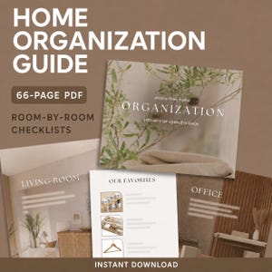 May include: A 66-page PDF home organisation guide featuring room-by-room checklists. The cover displays the text "stress-free home ORGANIZATION STEP-BY-STEP COMPLETE GUIDE" over an olive branch image. Includes pages for living room and office.