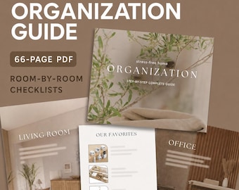 Könnte beinhalten: Ein 66-seitiger PDF-Leitfaden zur Wohnungs-Organisation mit Checklisten für jeden Raum. Das Deckblatt zeigt den Text "stress-free home ORGANIZATION STEP-BY-STEP COMPLETE GUIDE" über einem Bild eines Olivenzweigs.