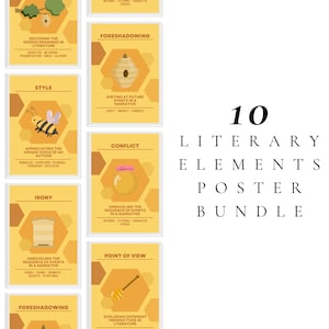 May include: A bundle of 10 literary elements posters. Each poster features a different element, such as foreshadowing, style, and irony, with related illustrations and text. The posters have a yellow and white color scheme.