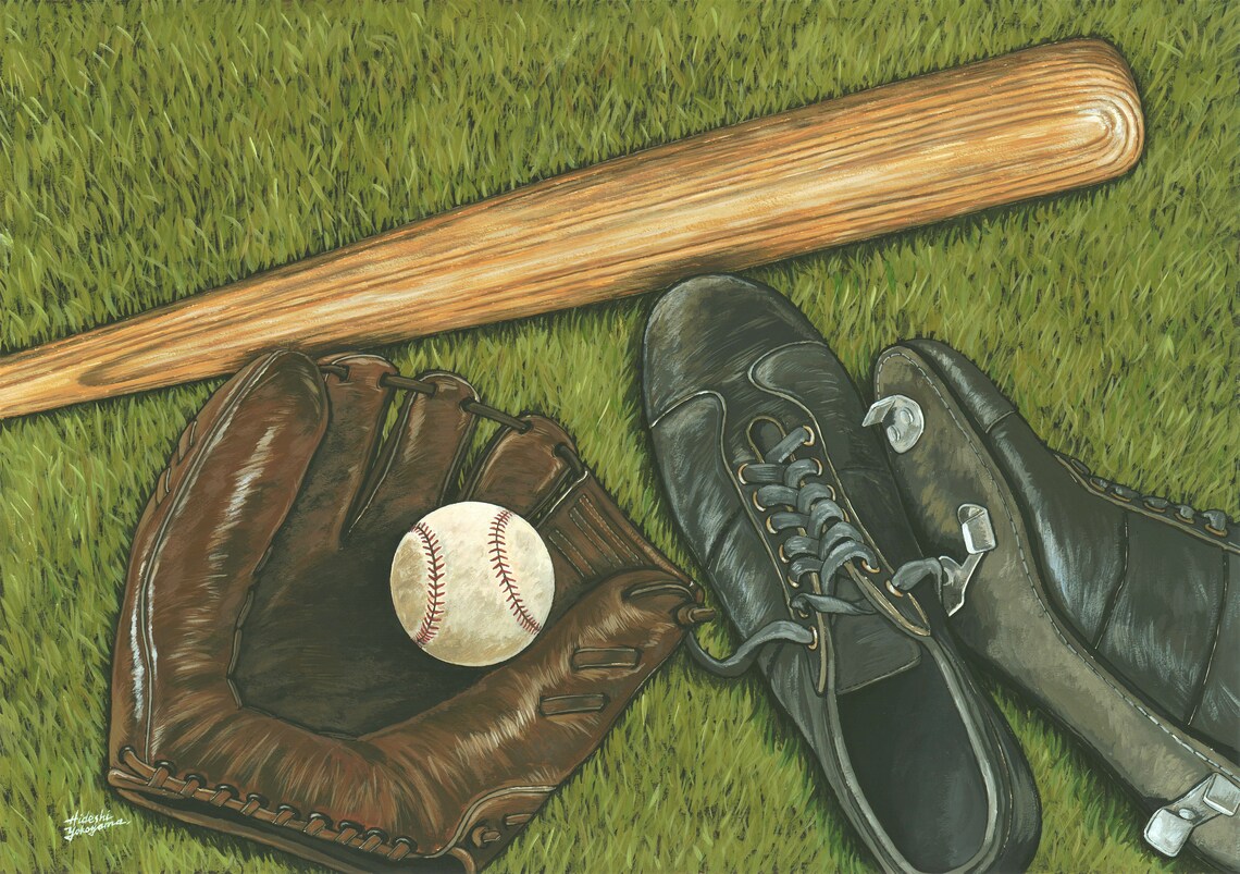 PRINT of Original Acrylic Painting baseball Glove Bat Cleats / Baseball