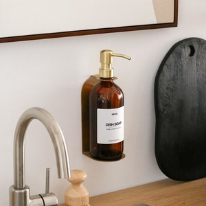 Soap Dispenser with Gold Holder, Kitchen Sink Soap Dispenser, Single Wall Bracket with Glass Dispensers, Wall Mounted Soap Dispenser S. Holder + 1 Bottle