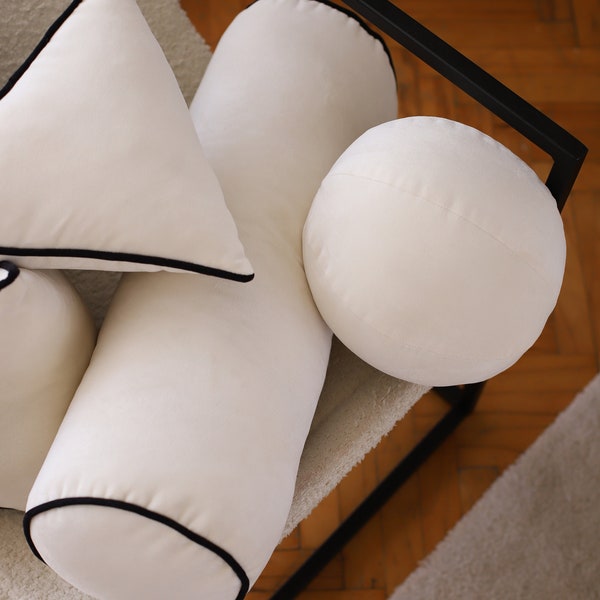Cream Velvet Ball Pillow, Morning Balls, Velvet Throw Pillow, Round Black Pillow, Sphere Velvet Pillow for Sofa