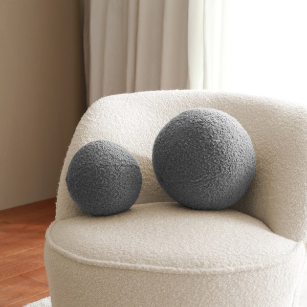 Sphere Gray Boucle Pillow, Teddy Throw Round Pillow, Black Boucle Ball Pillow, Faux Fur Circle Pillow, Decorative Teddy Boucle Gray Pillow
