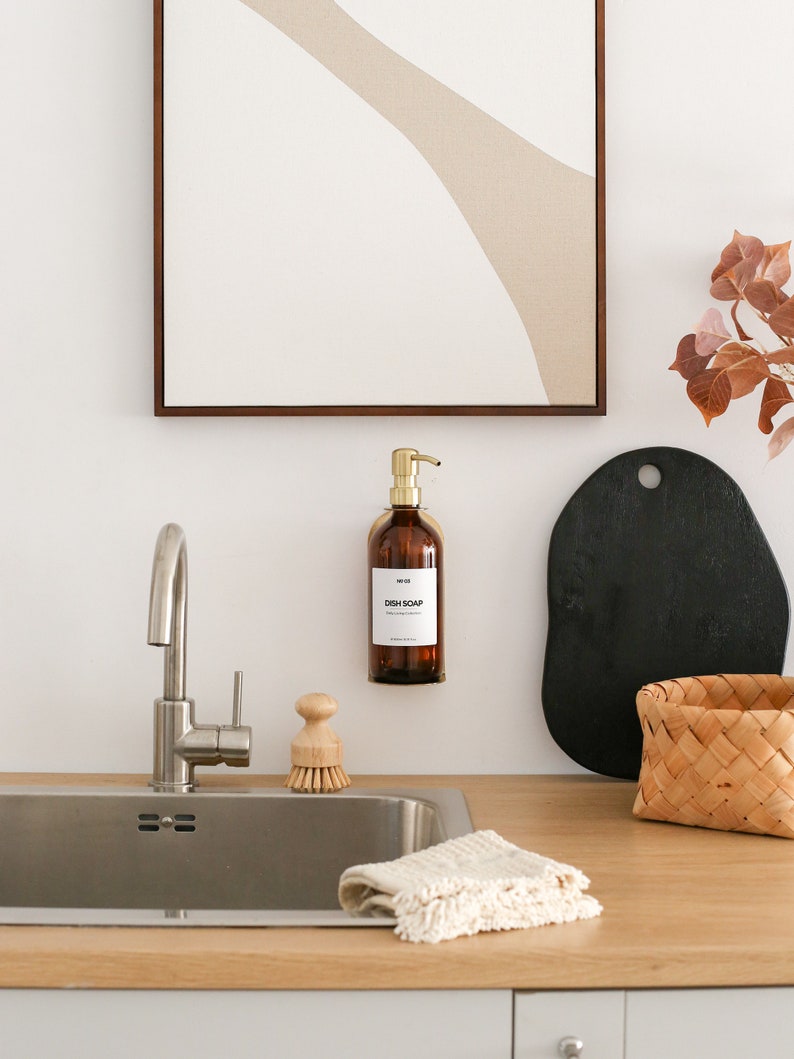 Soap Dispenser with Gold Holder, Kitchen Sink Soap Dispenser, Single Wall Bracket with Glass Dispensers, Wall Mounted Soap Dispenser zdjęcie 3