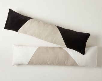 Velvet Linen Mix Lumbar Pillow Cover, Lumbar Black and White Pillow Cover, Extra Long Lumbar Pillow for bed, Beige and black long pillow