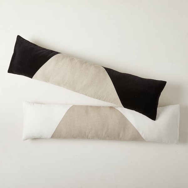 Velvet Linen Mix Lumbar Pillow Cover, Lumbar Black and White Pillow Cover, Extra Long Lumbar Pillow for bed, Beige and black long pillow