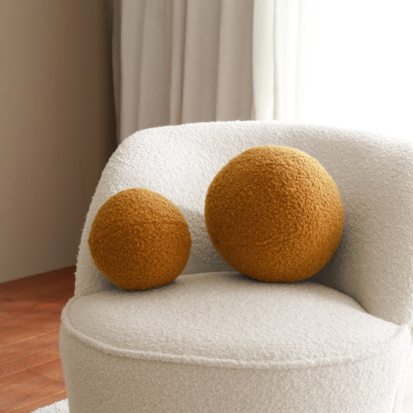 Mustard Ball Pillow, Boucle cushion pillow, Teddy Faux fur cream round pillow, Cushion Pillow Cover with Insert, Decorative Pillow