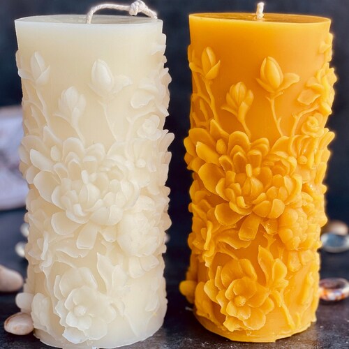 Beeswax Candle Floral Beeswax Pillar Candle Flower Candle Etsy