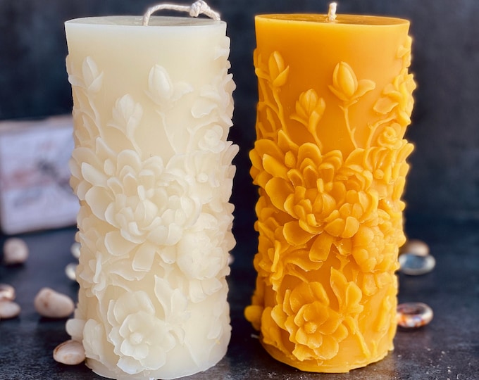 White Beeswax Candle Floral Beeswax Pillar Candle Flower Candle 100