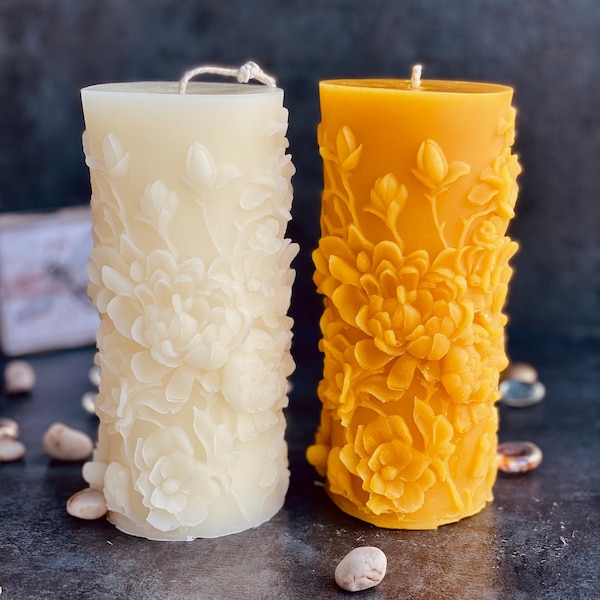 White Beeswax Candle | Floral Beeswax Pillar Candle | Flower Candle | 100% Pure Beeswax Candle | Gift For Her | Gift For Mom | Unique Gift