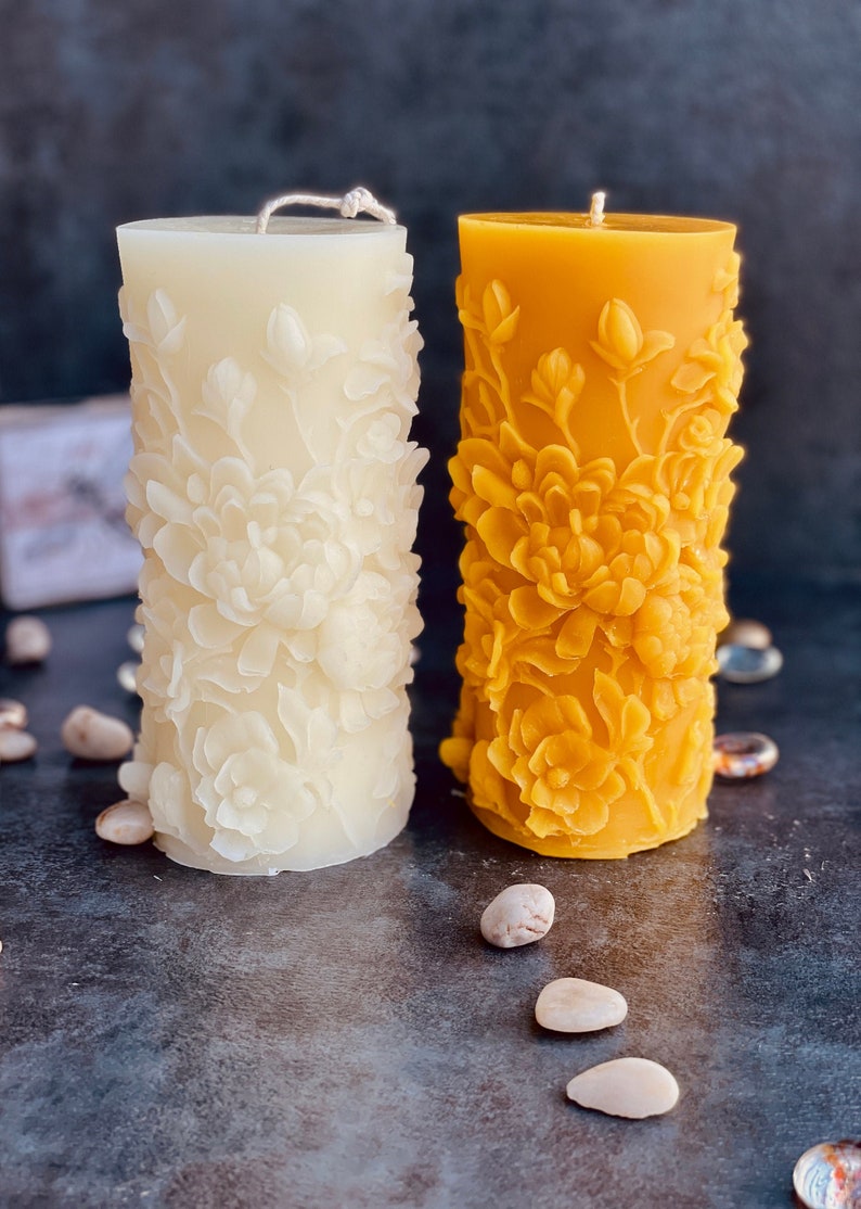White Beeswax Candle Floral Beeswax Pillar Candle Flower Etsy