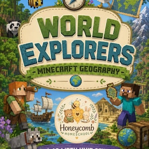 Peut inclure: Une couverture de livre éducatif sur le thème de Minecraft intitulée World Explorers: Minecraft Geography, avec des personnages en blocs, une boussole, une carte et le logo Honeycomb Homeschool. Le texte A 12 Week Unit Study est sur une bannière.