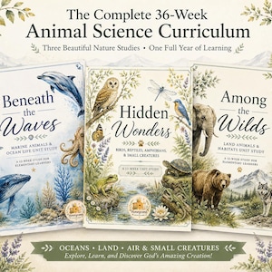 May include: Three educational books titled The Complete 36-Week Animal Science Curriculum. The covers feature detailed illustrations of marine life, birds, reptiles, and land animals with text including Beneath the Waves, Hidden Wonders, and Among the Wilds.