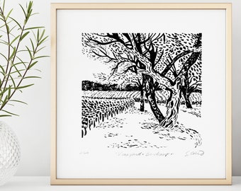Black and White Landscape | French Vineyard | Ink Drawing | Archival Print