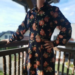 Vintage 1960-70s, floreale, maniche lunghe, foderato, abito fatto a mano