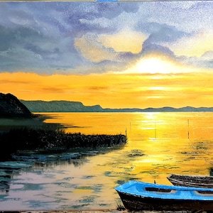 Pintura a óleo de paisagem marítima, arte original, ondas de praia oceânica, decoração de casa, arte em tela grande, lago, barco, sol, presente para casa nova, Irlanda, irlandês