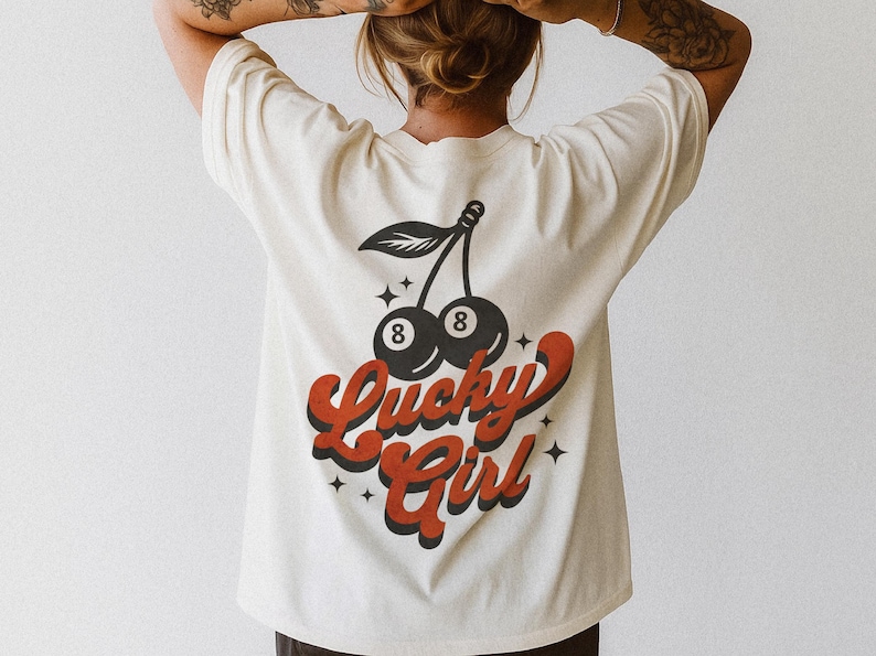 Feeling Lucky Cherry 8 Ball Tee - Trendy Women's graphic tee - Vintage Lucky Girl Aesthetic - Trendy Western 8 Ball - Edgy Cowgirl Shirt afbeelding 4