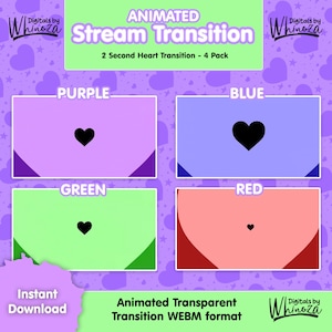 Transizione del cuore di 2 secondi, 4 confezioni colorate di rosso, viola, blu e verde. Download digitale di Twitch Stinger, animazione in streaming
