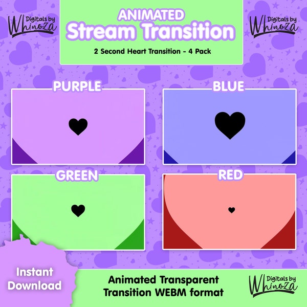 2 seconds Heart transition 4 pack colored Red, Purple, Blue, and Green. Twitch Stinger Digital Download, Stream animation