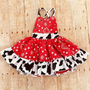 Western Cowgirl Girls&#39; Dress for Birthday Party - Red Bandana, Cow Print, Ruffle Trim, Crisscross Back