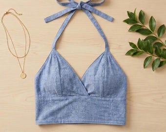 Custom Fit Chambray Denim Bralette – Handmade Blue Crop Top (A–F Cup)