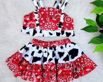 Girls Cowgirl Outfit | Red Bandana & Cow Print Skirt Set, Handmade