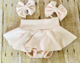 High Waisted Baby Bummies | Cream Baby Girl Skirted Bummies | Liverpool Bummies | Baby Spring/Summer Shorts | Baby Bloomers