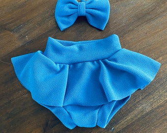 Denim Blue High Waisted Baby Bummies | Baby Girl Skirted Bummies | Liverpool Bummies | Baby Summer Shorts | Baby Bloomers