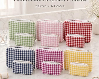 Gingham Zipper Pouch, Coin Purse or Makeup Bag, Handmade Cotton Pouch, Small Zipper Bag for Keys Cards Travel, Choose Size Color