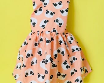 Handmade Panda Print Dress: Open-Back Cotton  Dress