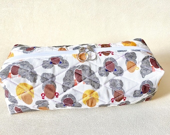 May include: White quilted cosmetic bag with a repeating pattern of stylized faces in brown, gold, and gray. The bag has a silver zipper and a quilted diamond pattern.