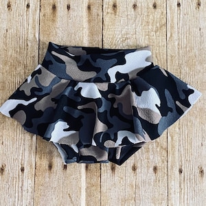 Gray Camouflage High Waisted Baby Bummies | Baby Girl Skirted Bummies | Liverpool Bummies | Baby Summer Shorts | Baby Bloomers