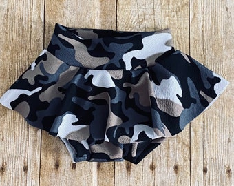 Gray Camouflage High Waisted Baby Bummies | Baby Girl Skirted Bummies | Liverpool Bummies | Baby Summer Shorts | Baby Bloomers