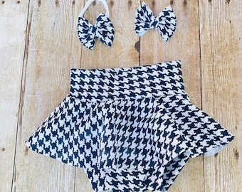 High Waisted Baby Bummies | Houndstooth Baby Girl Skirted Bummies | Houndstooth Black and White Bummies | Baby Summer Shorts | Baby Bloomers