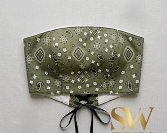 Handmade Bandana Print Bustier Top, Lace-Up Back Corset Crop, Festival Outfit