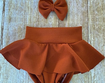 High Waisted Baby Bummies | Chocolate Brown Baby Girl Skirted Bummies | Liverpool Bummies | Baby Spring/Summer Shorts | Baby Bloomers