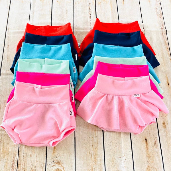 High Waisted Baby Bummies | Solid Color Baby Girl Skirted Bummies | Adorable Baby Summer Shorts | Baby Bloomers