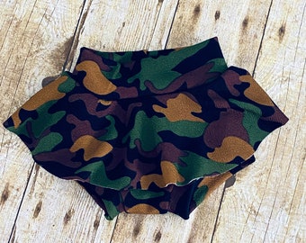 Green Camouflage High Waisted Baby Bummies | Baby Girl Skirted Bummies | Liverpool Bummies | Baby Summer Shorts | Baby Bloomers