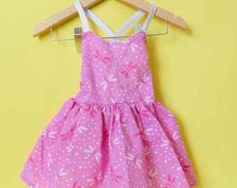 Handmade Pink Dragonfly Dress: Girls Polka Dot Cotton Dress