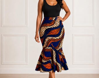 Zola African Print Mermaid Skirt, High Waist Ankara Midi Skirt, Handmade Fishtail Skirt, Women’s Statement Clothing