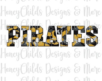 Può includere: Motivo mimetico nero, oro e grigio che compone la parola "PIRATES".