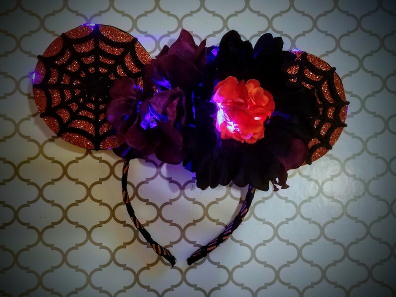 Ready to Ship Halloween Spiderweb Floral Mouse Ears with Lights
